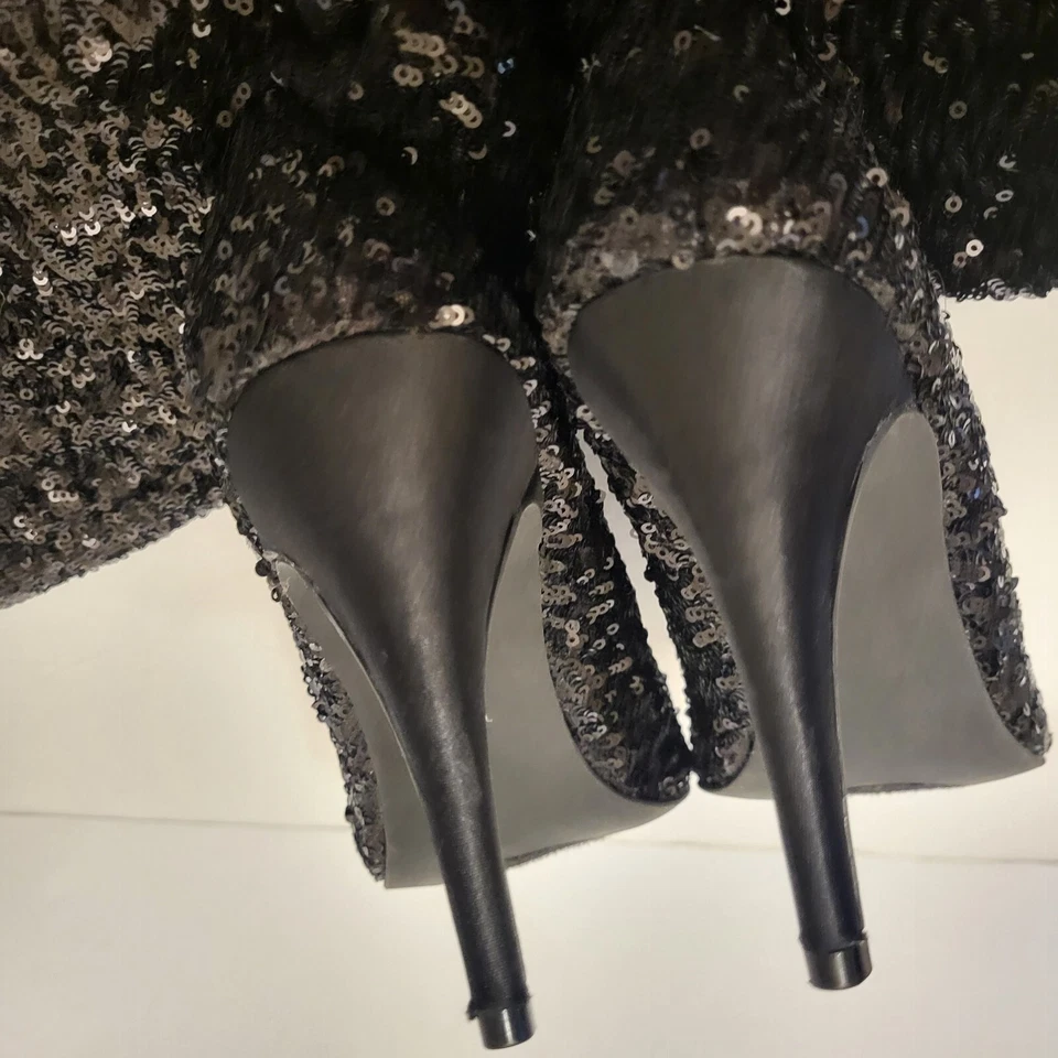 Lauren Lorraine Size 7M Nikita Knee High Pull On Tall Black Sequin Boot Hi Heel - Image 3 of 4