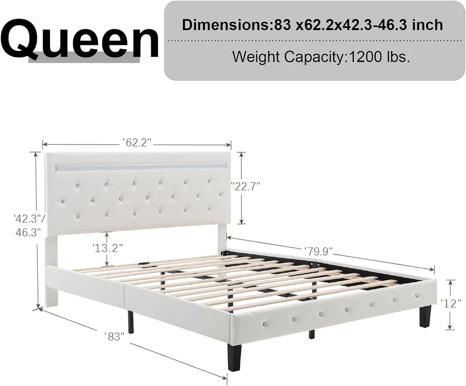 Cama Queen Marco De Cama Plataforma Tapizada Cabecera Base Cama con Luces LED Foto 2 de 4