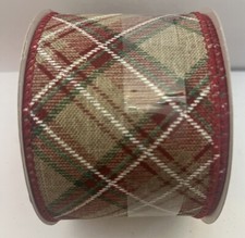 2 1/2 x 20Ft Wired Edge Ribbon . Red Green Beige PLAID Christmas.