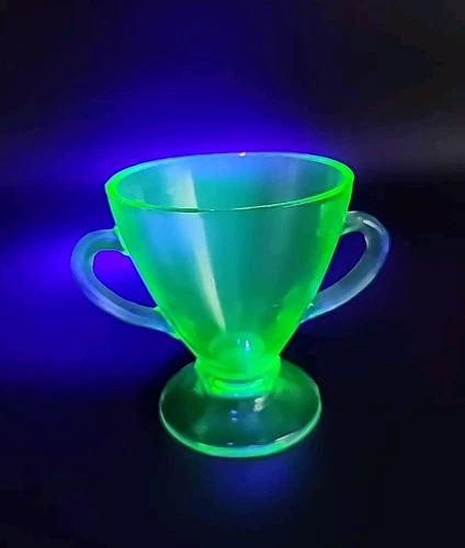 Vintage Hazel Atlas Uranium Glass Ovide Double Handle Sugar Bowl