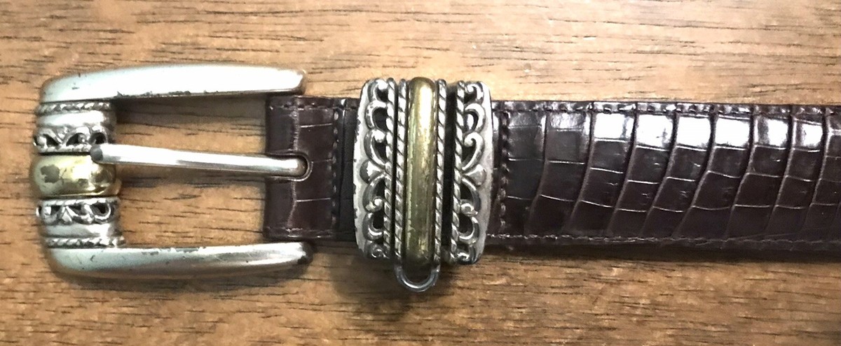 BRIGHTON BELT BROWN CROC LOOK LEATHER GOLD TONE HARDWARE ACCENT Size 30 Medium Croc Leather Belt with Gold Buckle | BRAHMIN main image 4
