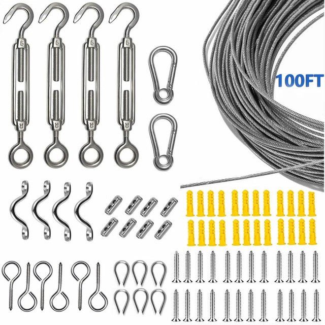 100FT Stainless Steel Wire Rope +Turnbuckle Kit Basket Screws Wire Clamps Tent eBay