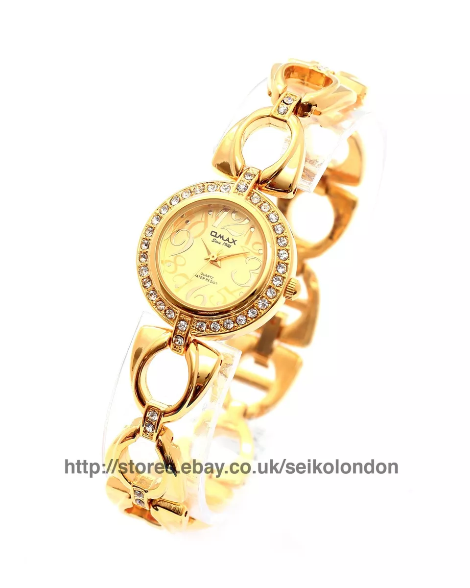 Omax Ladies Diamonte Gold Dial Watch Gold Finish Seiko Movt. RRP 69.99