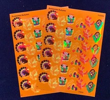 2 Sheets Sparkly Autumn Fall Turkey Scarecrow Leaves Corn Scrapbook Stickers 