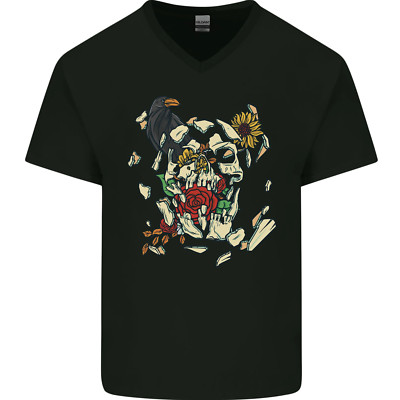 Broken Skull With Roses & Raven Herren T-Shirt V-Ausschnitt Baumwolle