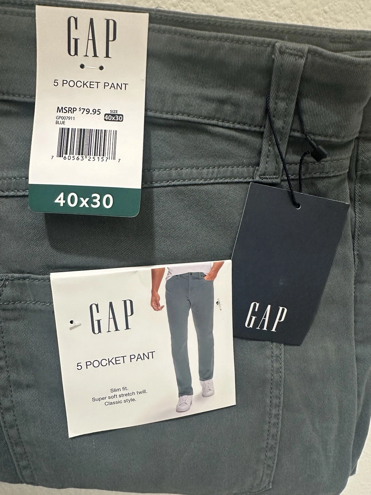GAP Men’s Blue Slim Fit Stretch Twill 5-Pocket Cotton Pants Waist 40 inseam 30