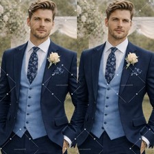 New Formal Men's Suit Wedding&Prom 3Pcs Peak Laepl Navy Blue Tailored Tuxedo Jac