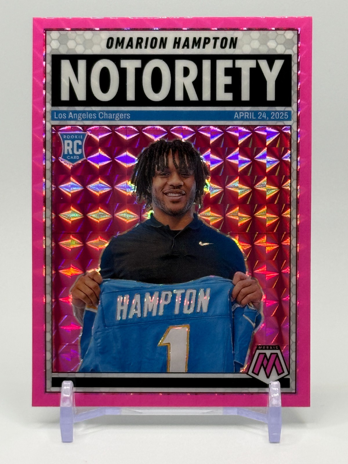 2025 Panini Mosaic Omarion Hampton Notoriety Pink Prizm Rookie #20 Chargers