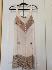 Vintage 90s Raya Sun Dress Tan Embroidered Button Front Boho Animal Print Size S