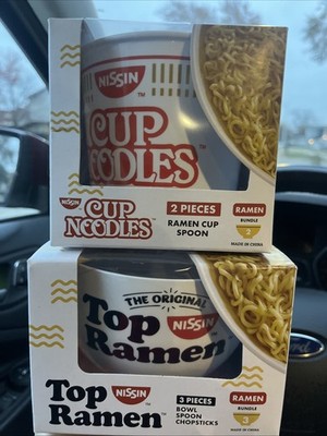 Top Ramen And Cup Noodles Bowls With Spoons And Chopsticks
