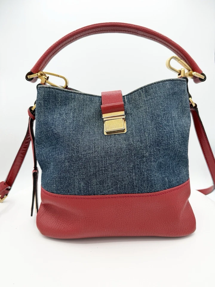 MIU MIU Madras Hobo Bucket Denim and Leather 2 Way Shoulder Crossbody Bag - Image 2 of 4
