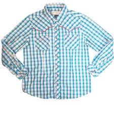 Bit & Bridle Women's Western Turquoise Plaid Pearl Snap Long Sleeve Shirt Size M