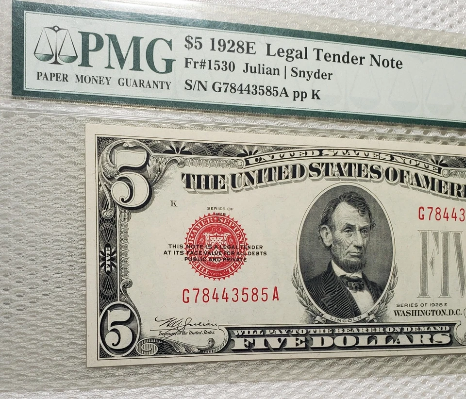 Billete 1928 E $5 EE. UU. Licitación Legal Sello Rojo PMG 55 G-A Bloque, Bonito Billete