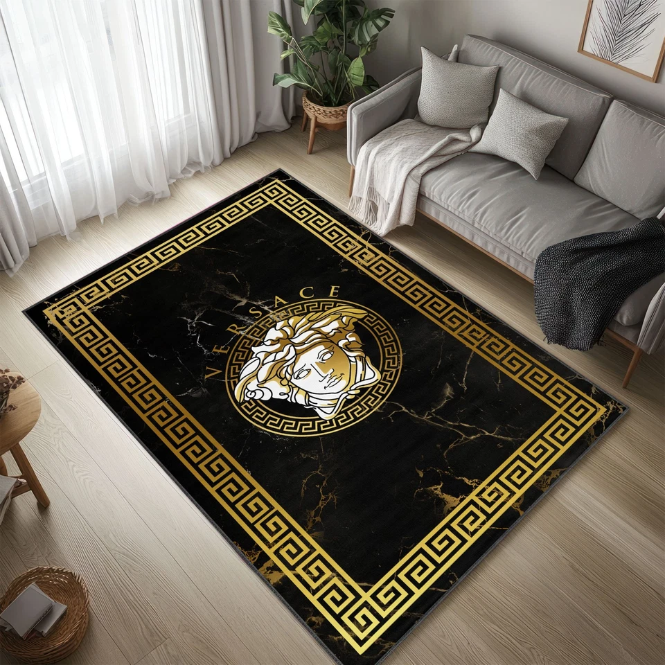 Greek Framed Versace Area Rug, Marble Look Background, Gold and Black Carpet - Image 3 of 4