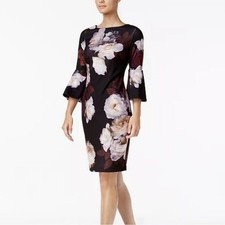 Calvin Klein Black Pink Floral Bell Sleeve Stretch Crepe Sheath‎ Dress Size 4