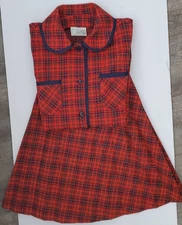 Vintage Red Blue Plaid Jacket and Pleated Skirt Set Crystal Plus Union Label 70s