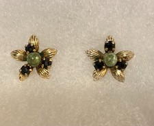 18k Gold And .925 Silver Vintage Variscite And Garnet Stud Earrings. In Gift Box