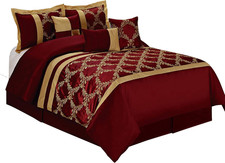 HIG 7 Piece Bed in a Bag Comforter Set King - Burgundy and Gold Faux Silk Fabric