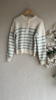 Primark Women's Cream Blue Stripe Knit Jumper Medium Soft Acrylic Blend