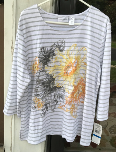 Alfred Dunner XL White Metallic Gray Stripe 3/4 Sleeve Top Embroidered Floral D - Picture 3 of 11