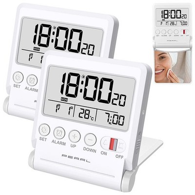 PEARL 2er-Set Kompakter Reise-Funkwecker mit Thermometer & Datum, klappbar