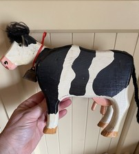 Vintage Wooden Holstein Milk Cow Brass Bell Handmade Rustic Farmhouse 1990s
