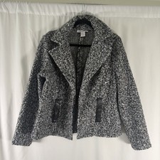 Carole Wren Jacket Women's Large Grey Knit Open Front Faux Pockets Collared