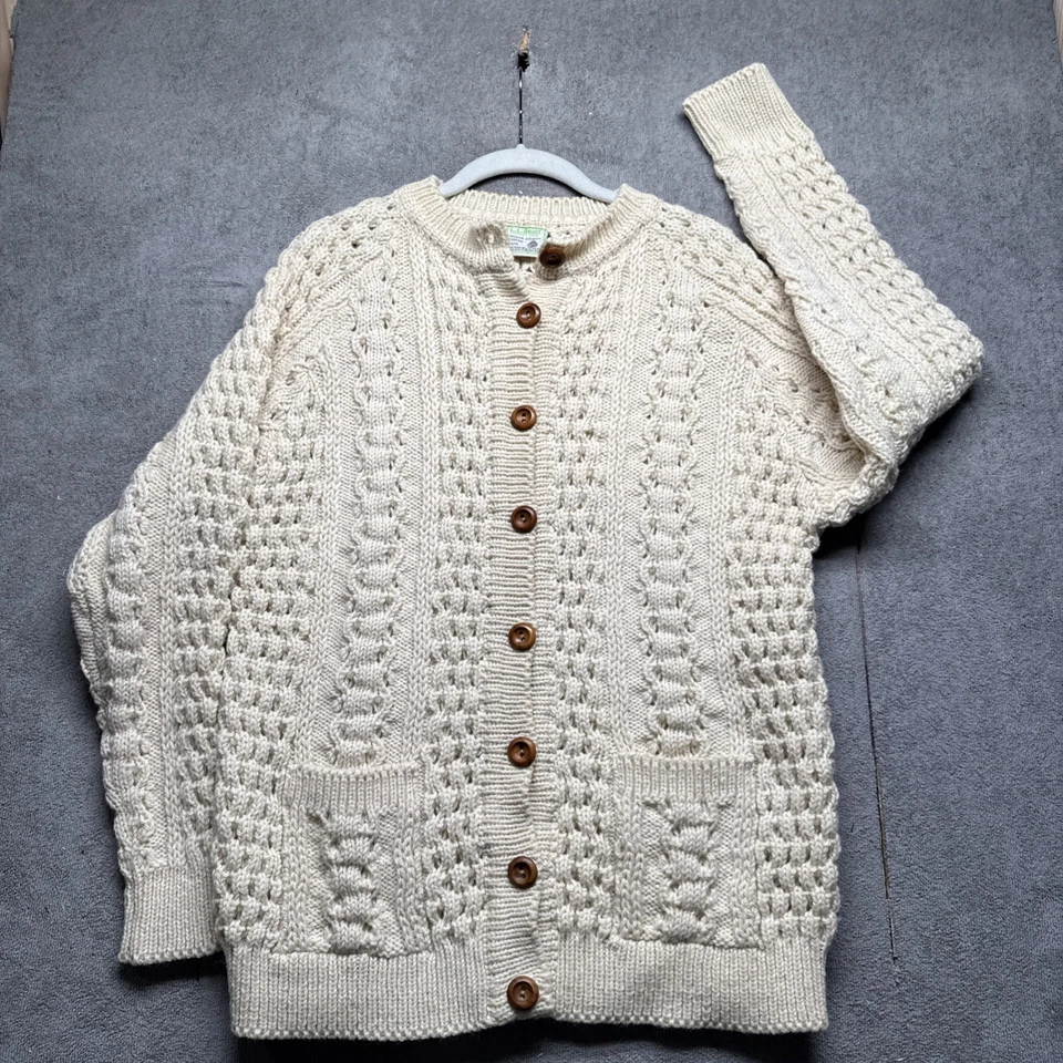LL Bean Hombre Pequeño Hecho en Irlanda Lana Pescador Cárdigan Suéter Marfil Foto 2 de 4