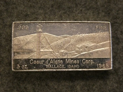 3 oz Coeur d'Alene Mines Corp bar .999 Silver 1968 #442 W. H. Foster Inc
