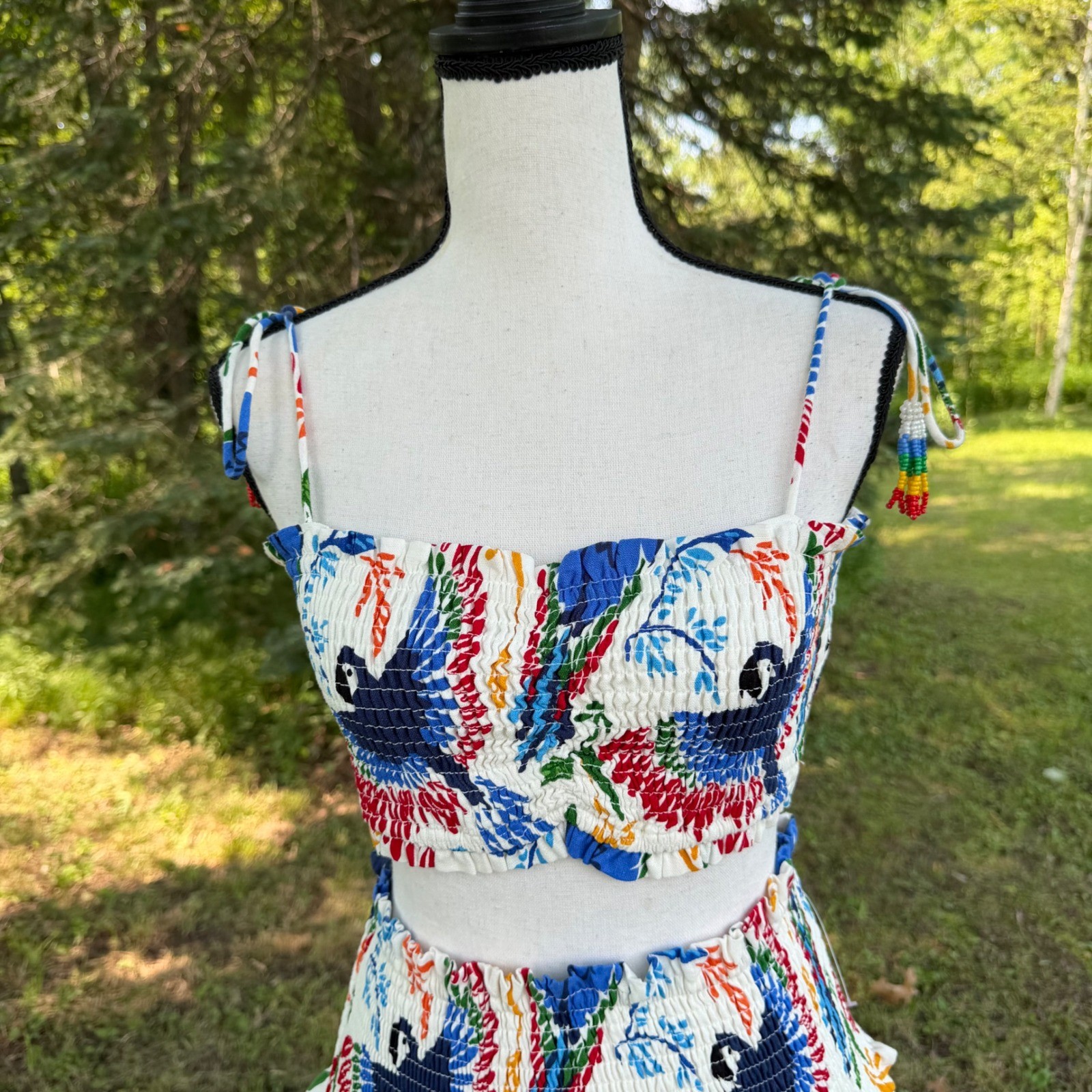 House of Harlow 1960 2 Piece Skirt Set Womens XS Parrot Tropical Linen Blend image 2