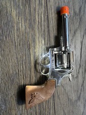 Vintage Old 7" Schylling Rowley Die cast Toy Cap Revolver, Silver. Needs Tuneup