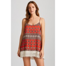 Show Me Your Mumu Red Print Lace Trim Slip Dress Size Small Boho Festival