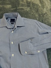 David Donahue mens Cotton dress shirt blue micro check plaid Trim Fit 15 32/33