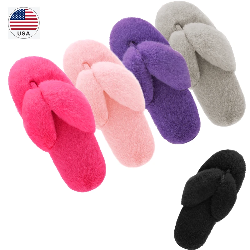 Women Memory Foam Open Toe Flip Flop Winter Warm Fuzzy Slip On Slippers