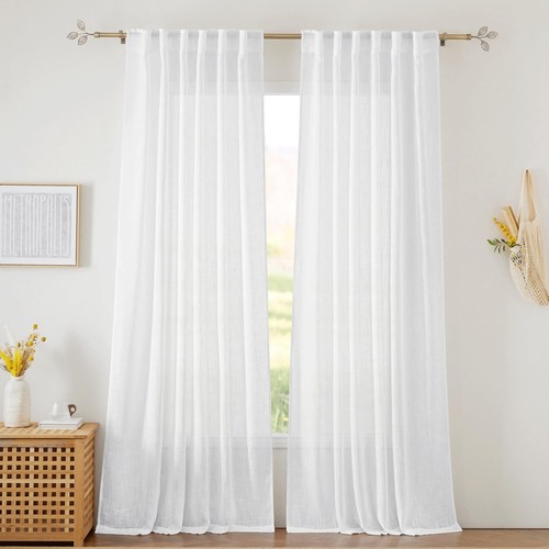 White Curtains Sheer - Linen Texture Sheer Window Covering Light & Airy Trans...