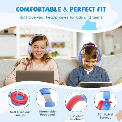 Kids Headphones with Cord for School, 85/94Db Volume Limited, Wired Over-Ear Hea - Picture 3 of 7