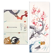 Japanese Cotton Tenugui Hand Towel Bento Cloth Ume Plum Mandarin Ducks 35" x 13"