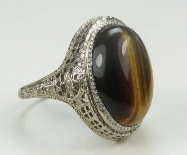 Antique A & S 1920's Tiger's Eye 13K White Gold Filigree Ring Size 7 UK-N1/2 - Image 4 of 4