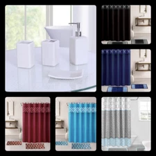 19PC COMPLETE BATHROOM BATH MATS SHOWER CURTAIN WITH WHITE CERAMIC ACCESSORIES
