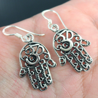 925 Sterling Silver Hand of Fatima Om Aum Hamsah Amulet Earrings Jewelry