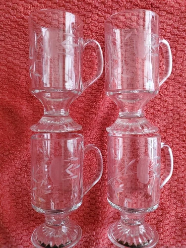 Princess House Crystal Heritage Footed Coffee Mugs Set Of 4 Floral Etching