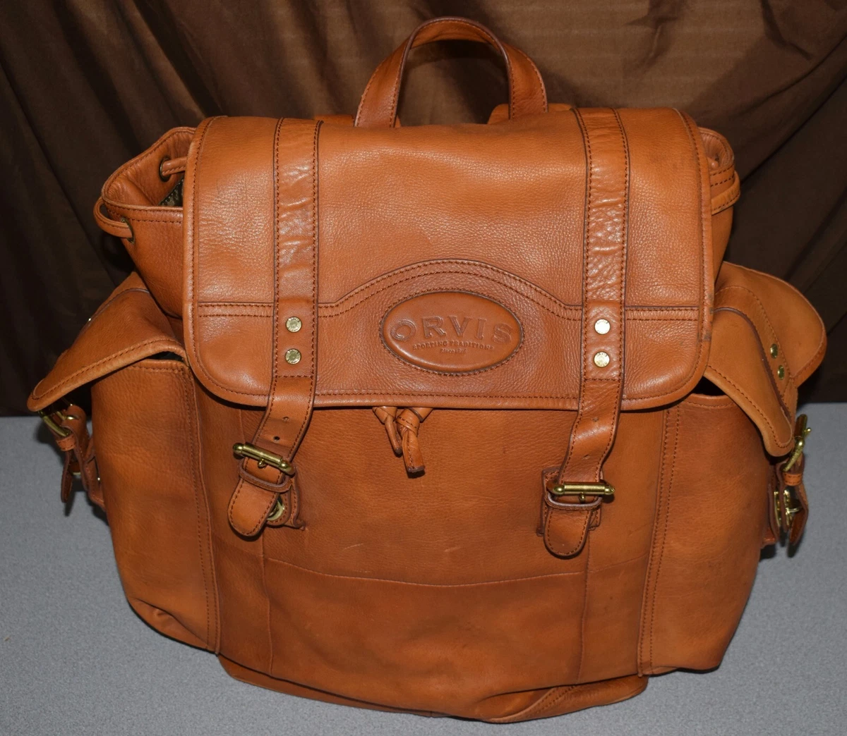 Vintage Orvis Brown Leather Canvas Fishing Backpack Rucksack Camping  Outdoors