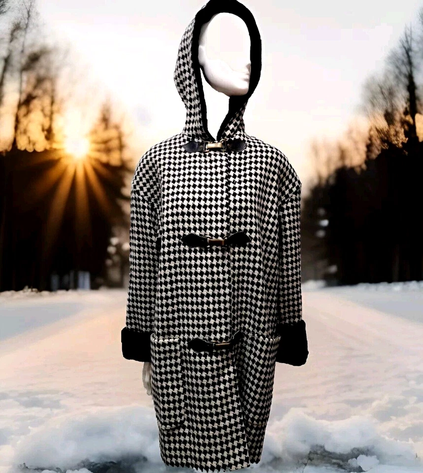 Потрясающий мех с капюшоном пальто Houndstooth роскошь Эшли Скотт искусственного меха 80-х шик M/L - Изображение 3 из 4
