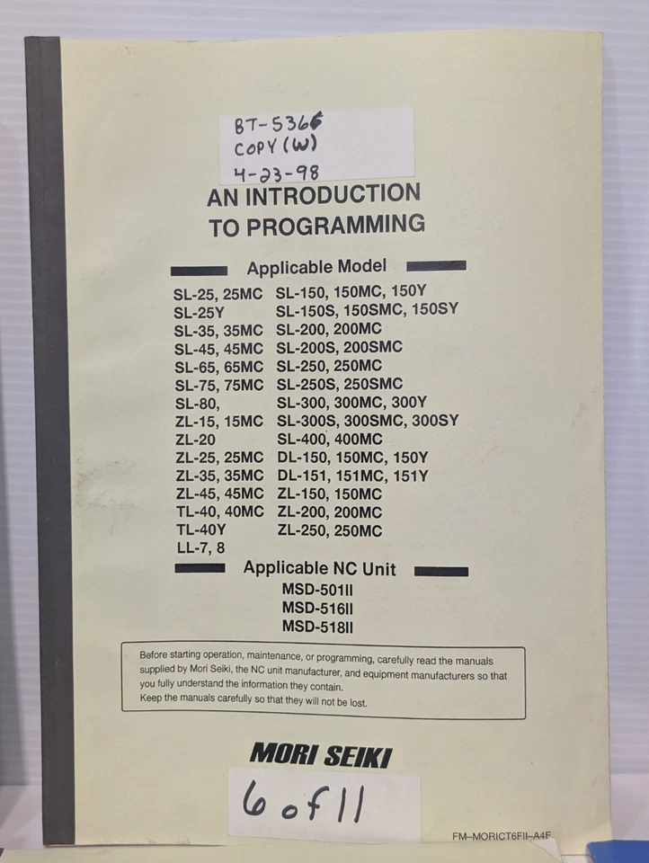 Juego de 10 Manuales de Operación, Programación, Lista de Piezas y Mantenimiento Mori Seiki Foto 3 de 4