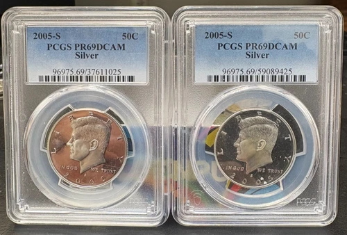 LOT OF 2 - 2005-S Kennedy Half Dollar PCGS PR-69 DCAM 90% Silver Proof FREE SHIP