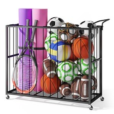 Ball Storage Bin Rolling Sports Ball Cart, Metal Garage Organizer Sport Rack,...