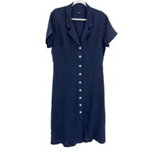 Quince 100% Linen Button Front Shirt Dress Navy Blue Short Sleeve Pockets L