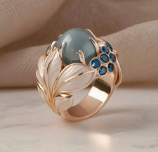Anillo llamativo hoja de cobre oro rosa gris ojo de gato azul circonita cúbica