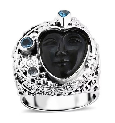 Sajen Rainbow Obsidian Carved Goddess MultiGemstone Sz9 Ring 925 Silver 8.00ctw 