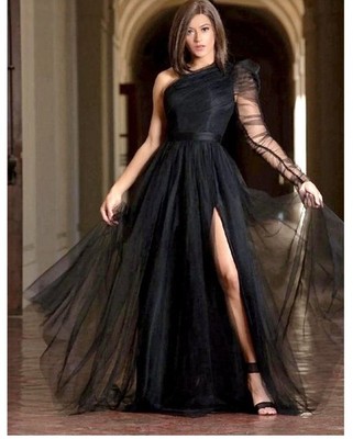New Gorgeous Black Tulle Mesh One Shoulder Flowing Dress Gown Plus 4XL